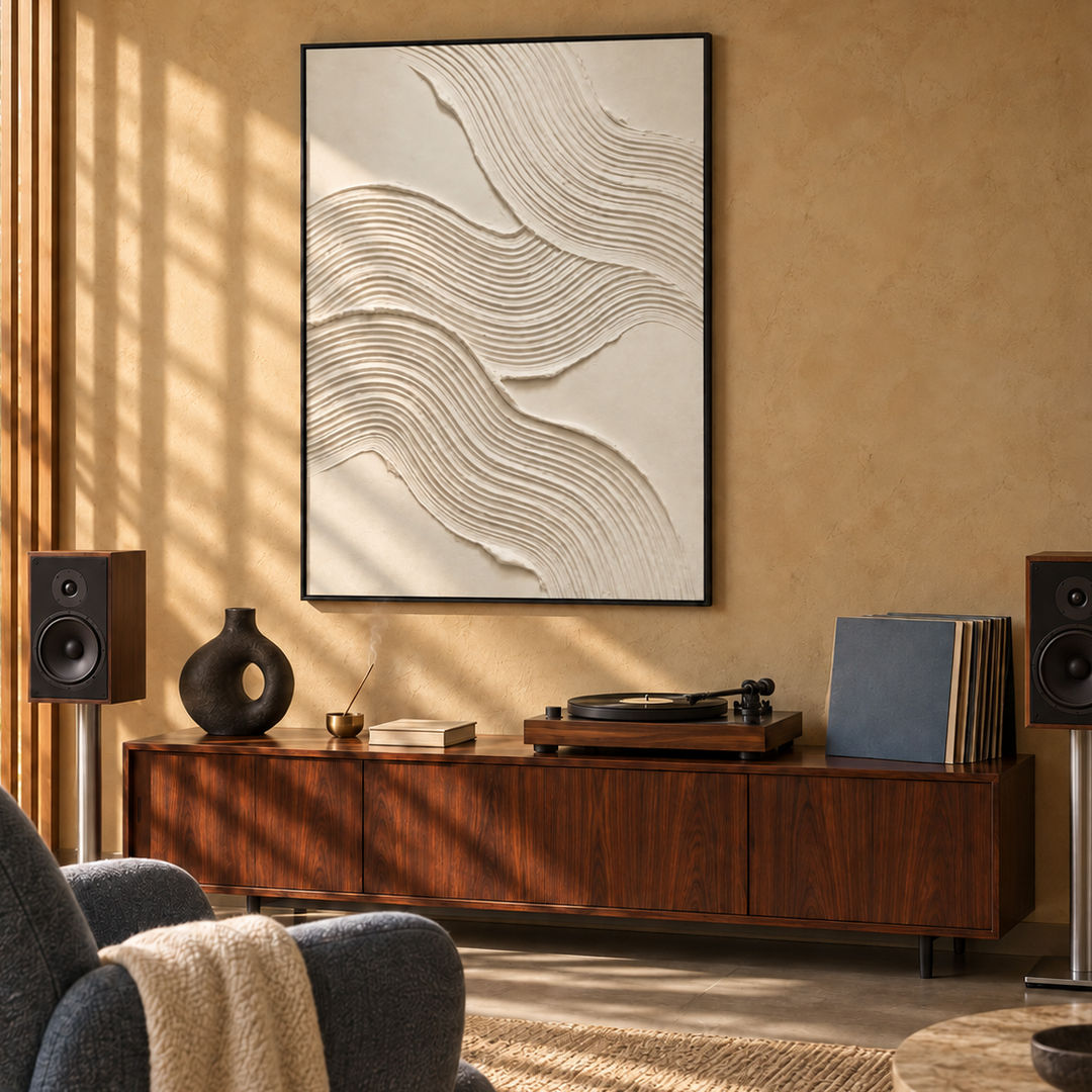 white sculptural textured wall art with flowing contour lines on beige in a coordinated modern interior