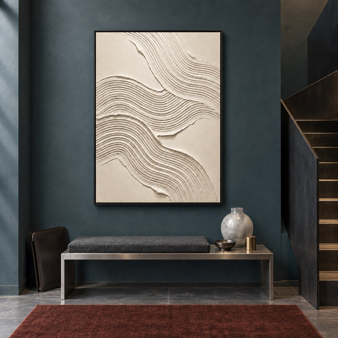 white sculptural textured wall art with flowing contour lines on beige in a coordinated modern interior