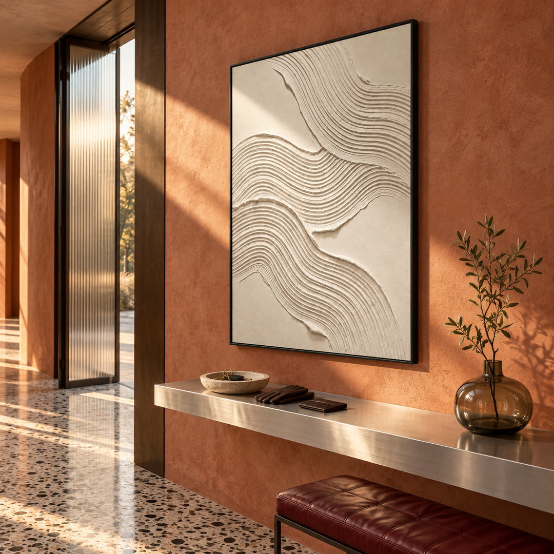 white sculptural textured wall art with flowing contour lines on beige in a coordinated modern interior