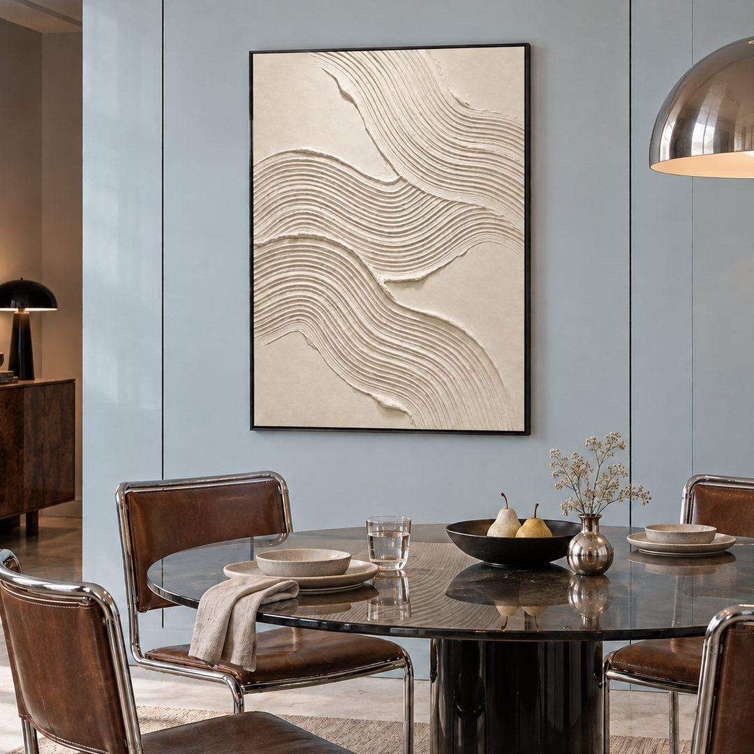 white sculptural textured wall art with flowing contour lines on beige in a coordinated modern interior