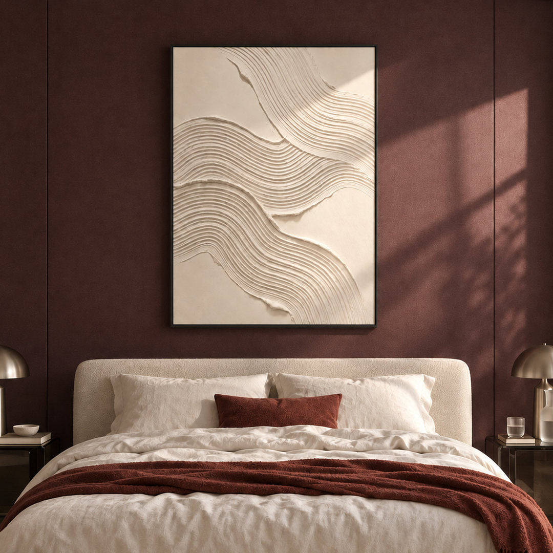 white sculptural textured wall art with flowing contour lines on beige in a coordinated modern interior