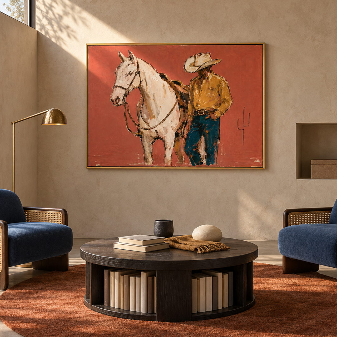 textured cowboy and white horse wall art in coral ochre and blue in a coordinated modern interior