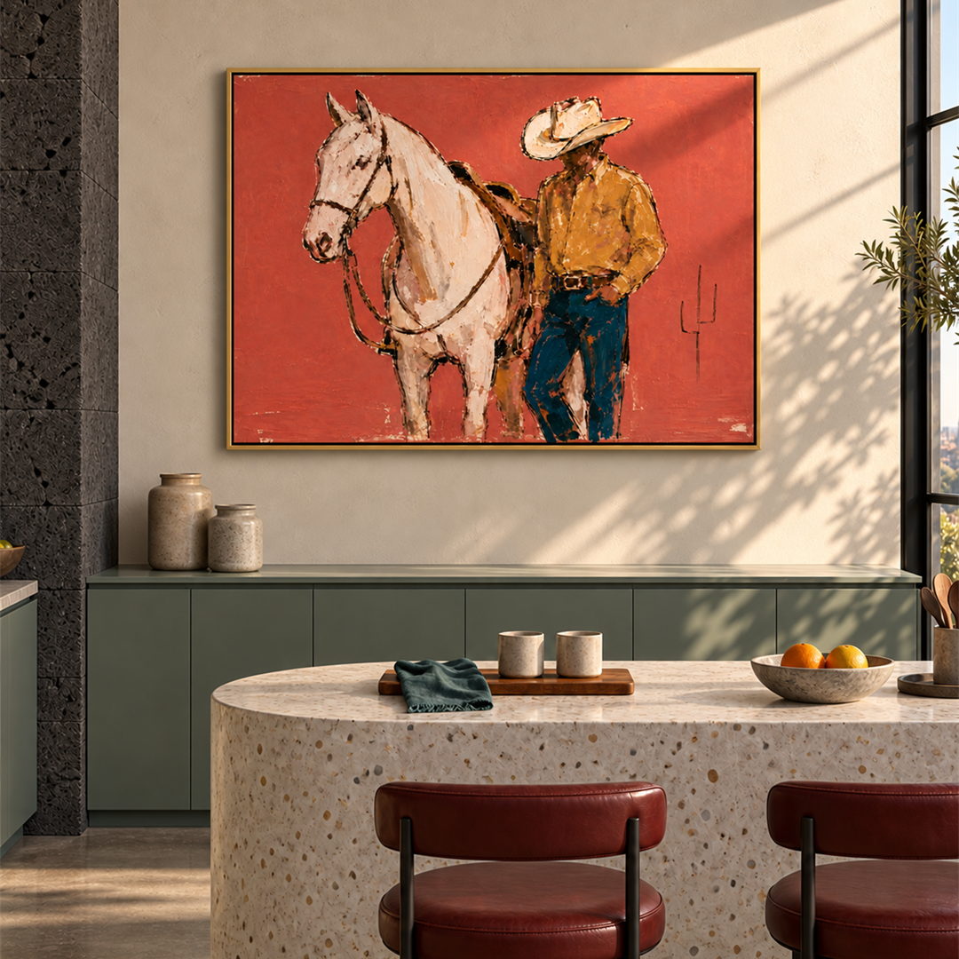 textured cowboy and white horse wall art in coral ochre and blue in a coordinated modern interior