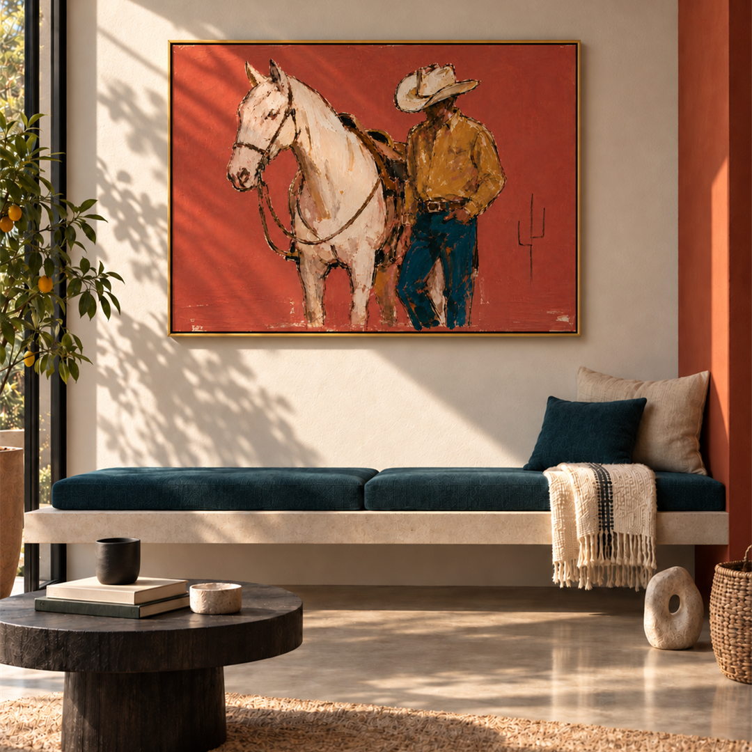 textured cowboy and white horse wall art in coral ochre and blue in a coordinated modern interior