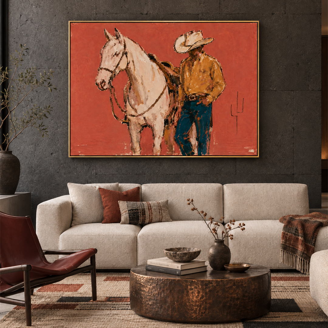 textured cowboy and white horse wall art in coral ochre and blue displayed in a styled living room