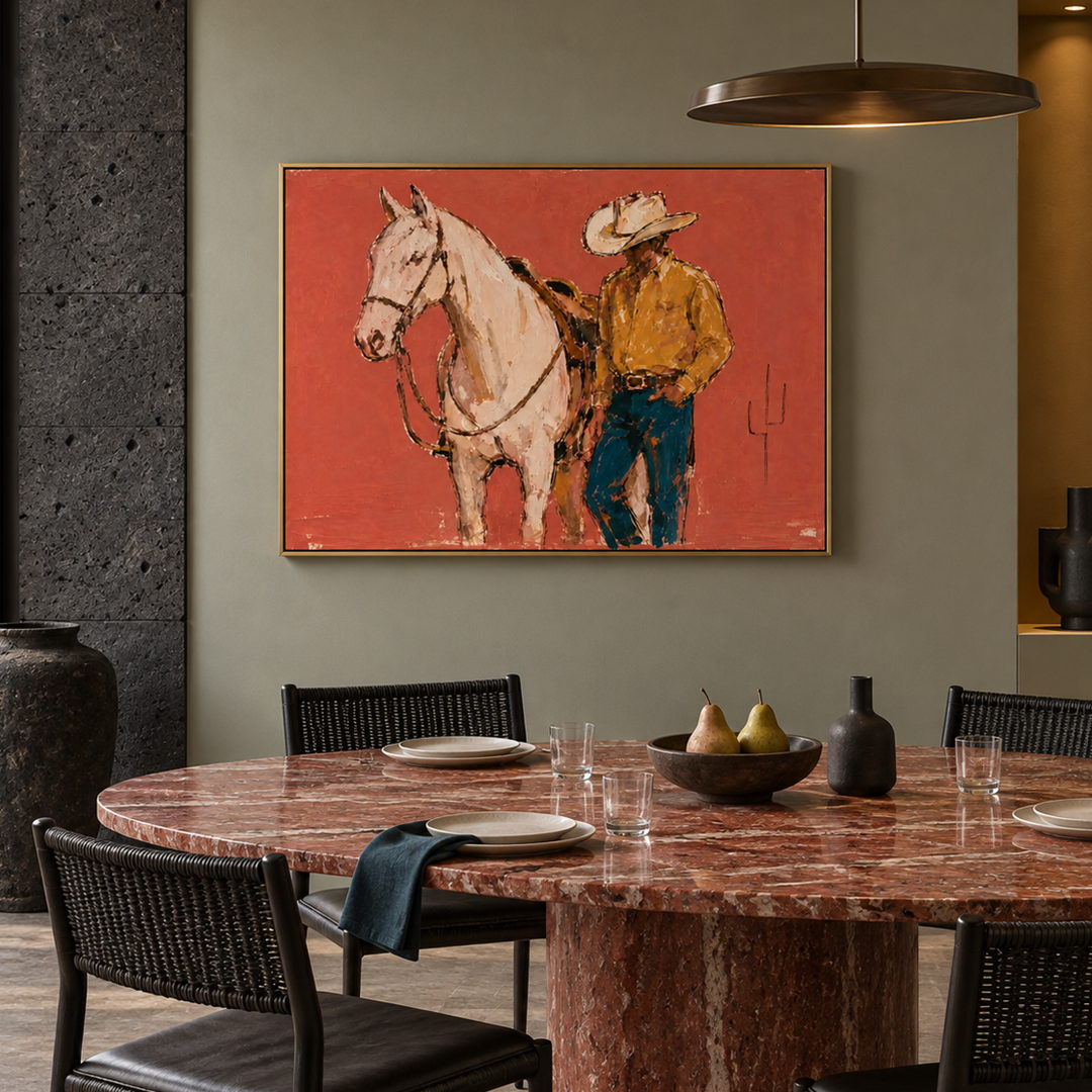 textured cowboy and white horse wall art in coral ochre and blue in a coordinated modern interior