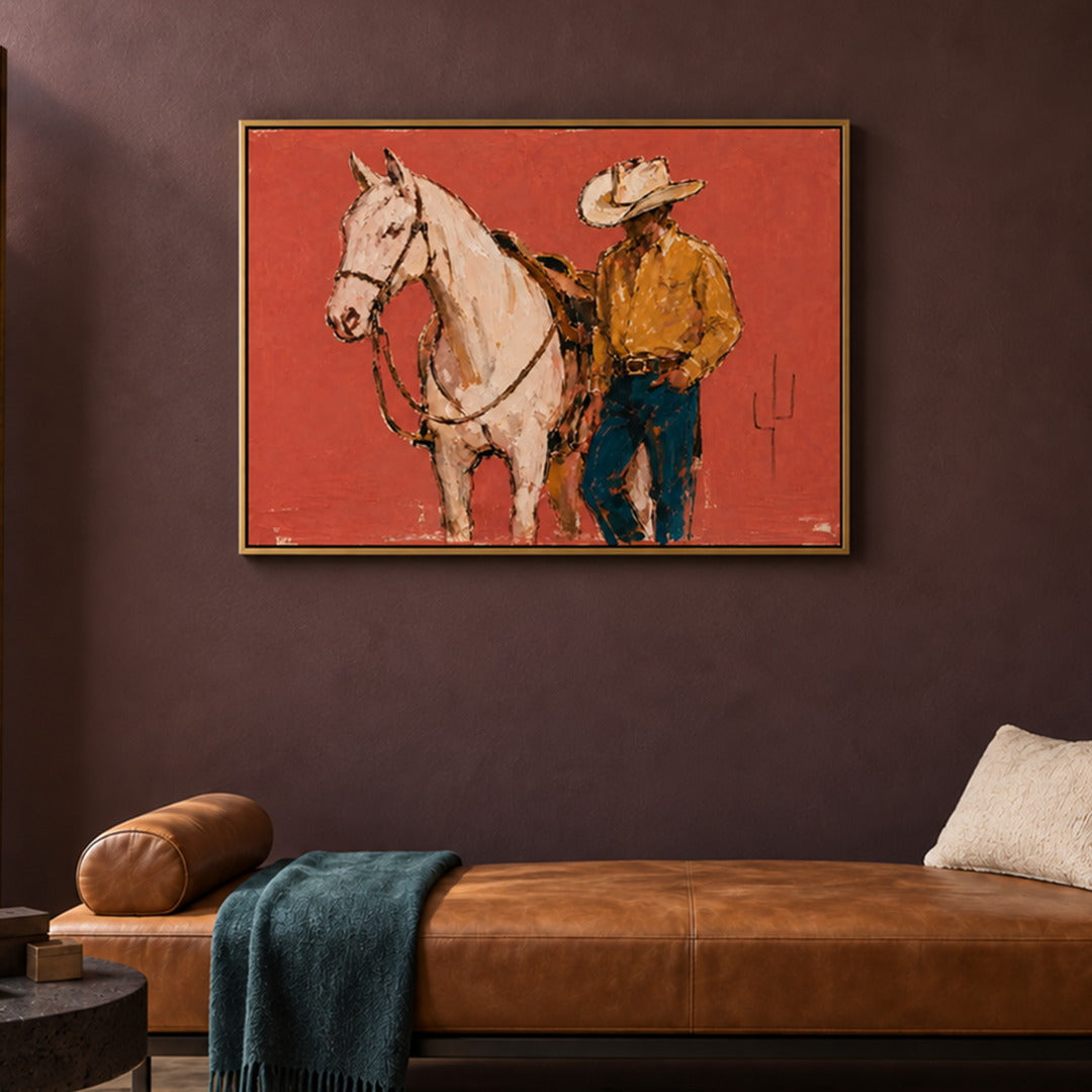 textured cowboy and white horse wall art in coral ochre and blue in a coordinated modern interior