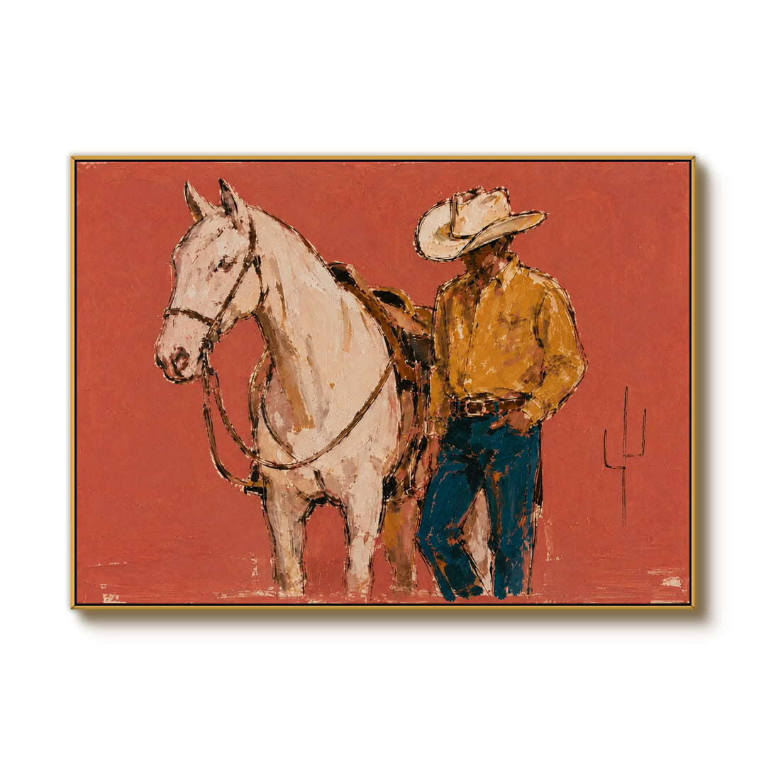 textured cowboy and white horse wall art in coral ochre and blue on a clean white background