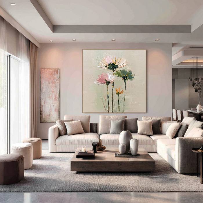 Cosmos Under the Sun framed floral canvas print in an elegant modern room
