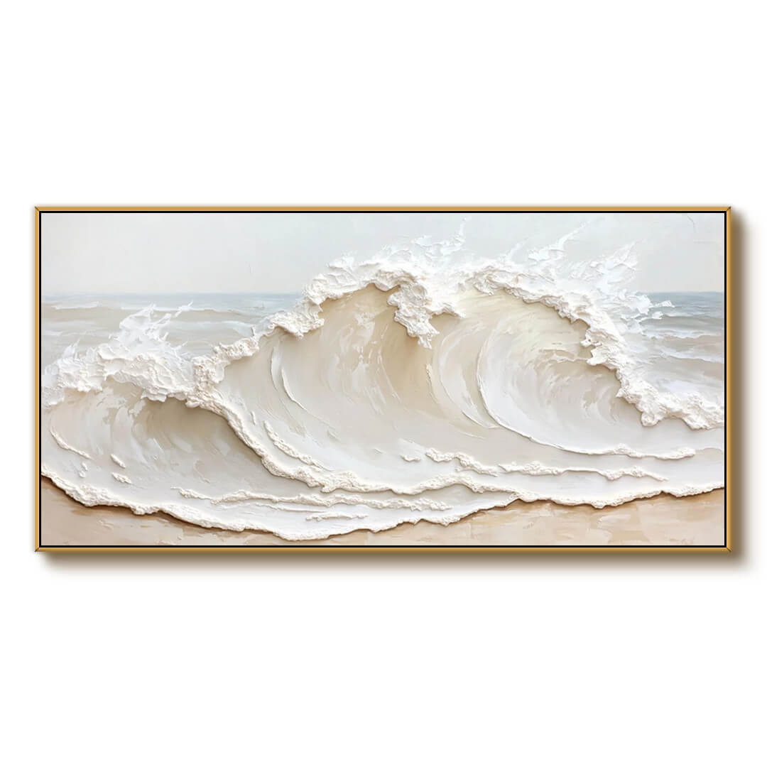 3D Texture Abstract Seascape Painting on Canvas - Contemporary Large Wall Art in Beige and White for Living Room - Crashing Waves - Hues Art Lab