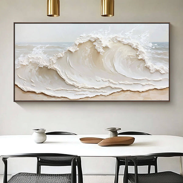 3D Texture Abstract Seascape Painting on Canvas - Contemporary Large Wall Art in Beige and White for Living Room - Crashing Waves - Hues Art Lab