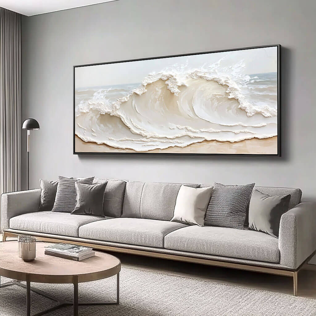 3D Texture Abstract Seascape Painting on Canvas - Contemporary Large Wall Art in Beige and White for Living Room - Crashing Waves - Hues Art Lab