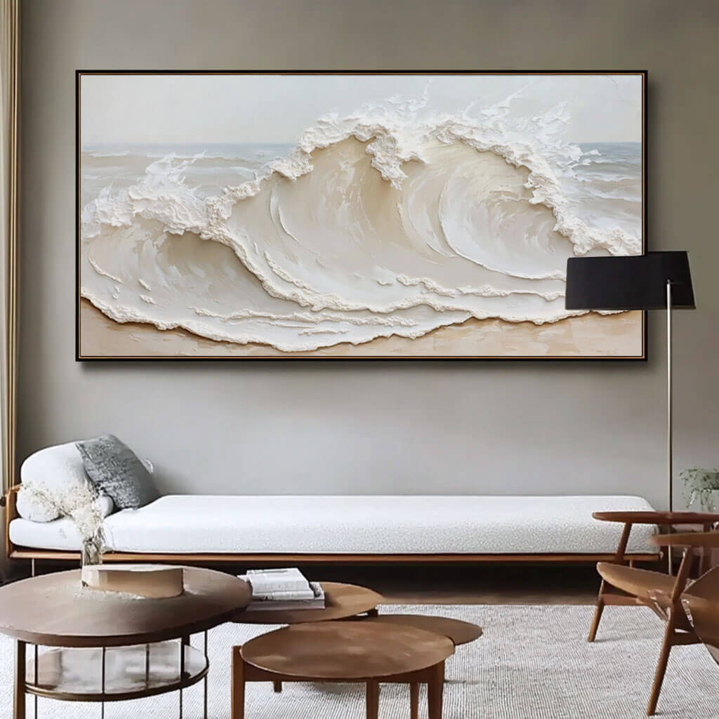 3D Texture Abstract Seascape Painting on Canvas - Contemporary Large Wall Art in Beige and White for Living Room - Crashing Waves - Hues Art Lab