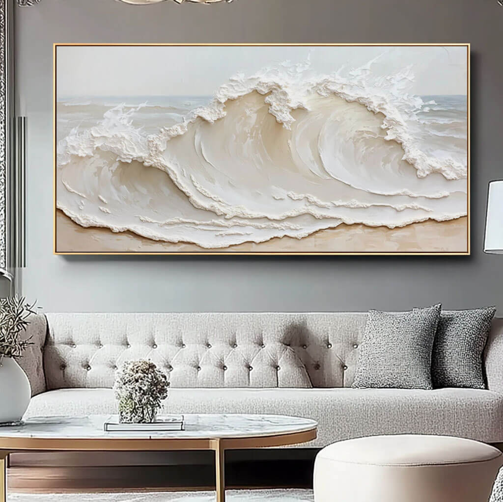 3D Texture Abstract Seascape Painting on Canvas - Contemporary Large Wall Art in Beige and White for Living Room - Crashing Waves - Hues Art Lab