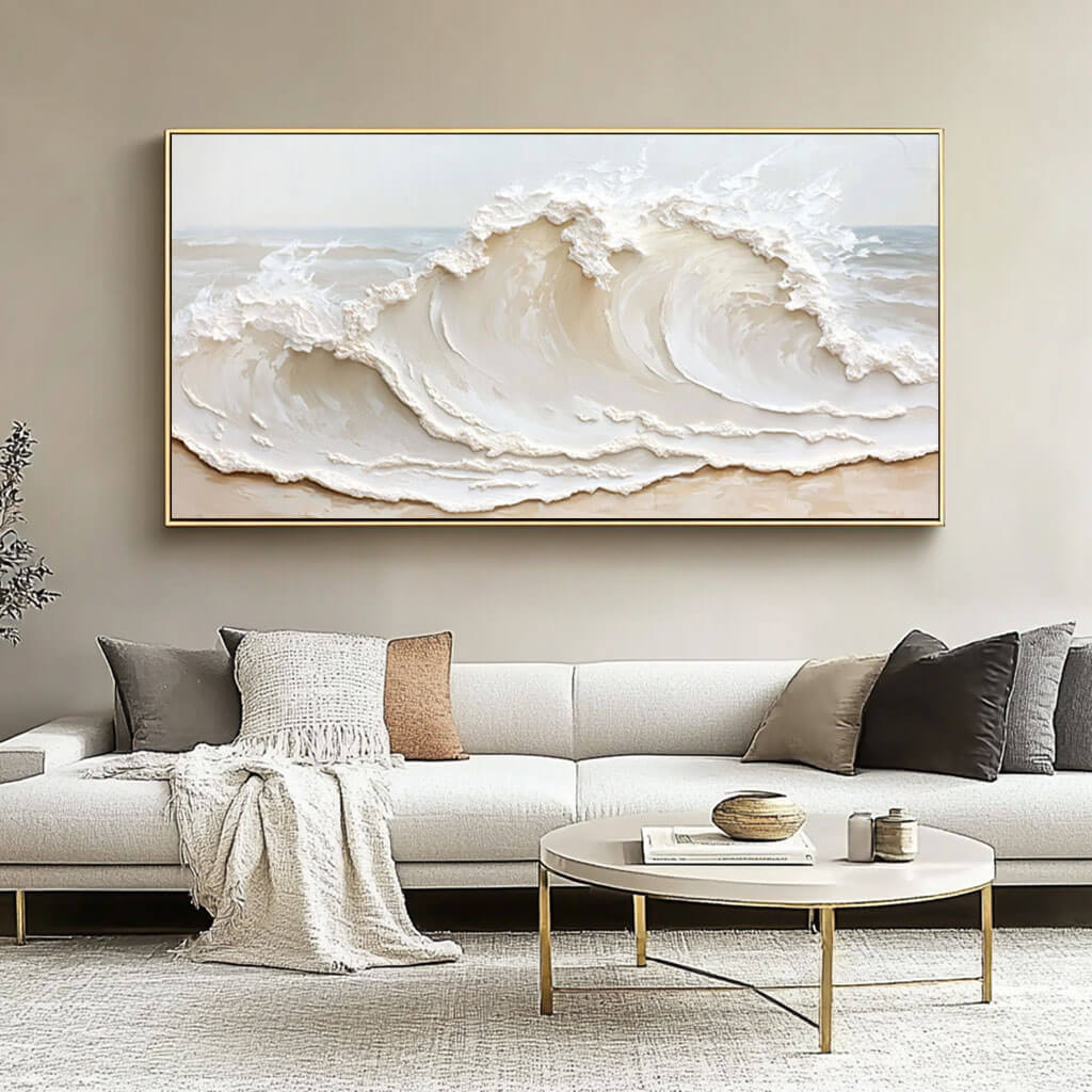 3D Texture Abstract Seascape Painting on Canvas - Contemporary Large Wall Art in Beige and White for Living Room - Crashing Waves - Hues Art Lab