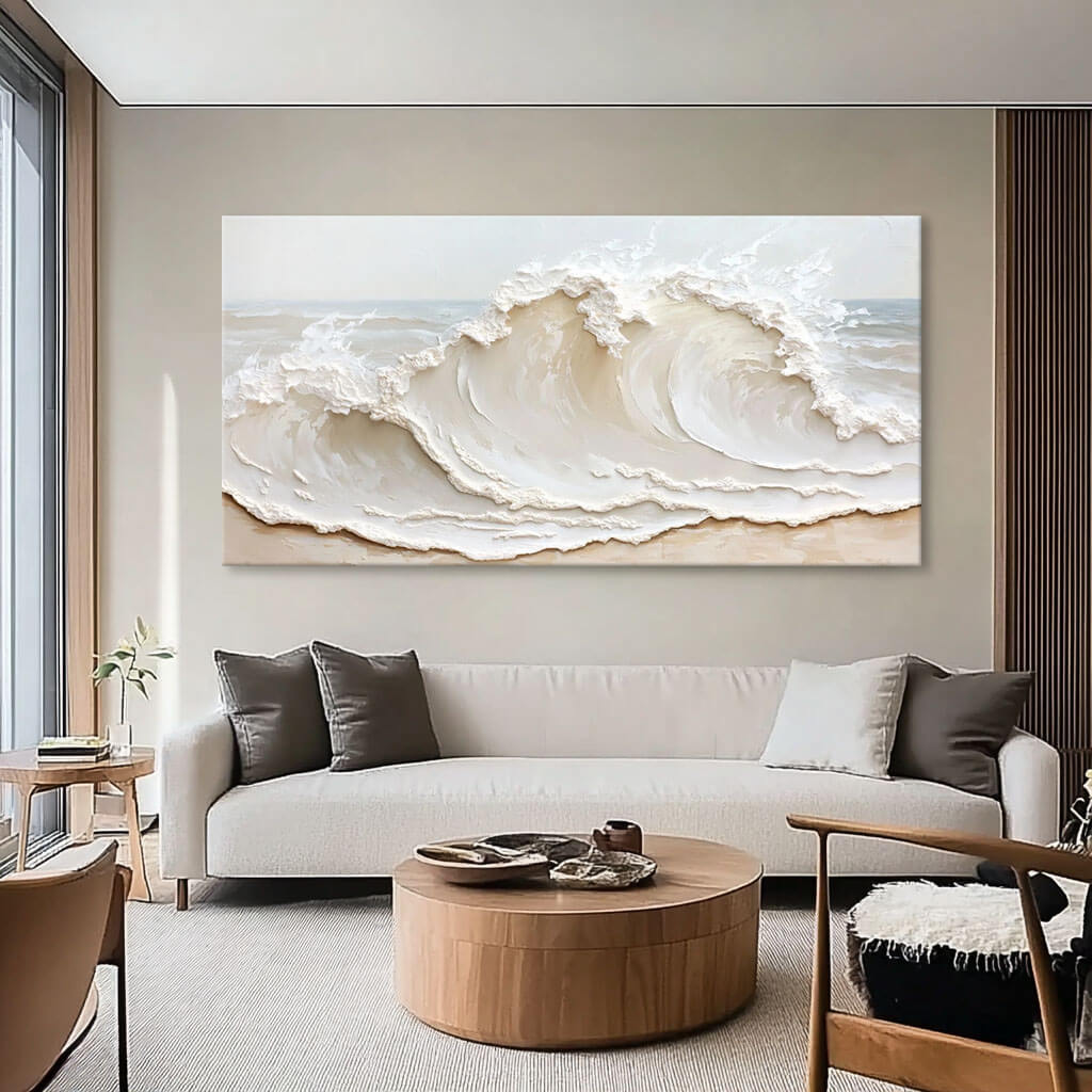 3D Texture Abstract Seascape Painting on Canvas - Contemporary Large Wall Art in Beige and White for Living Room - Crashing Waves - Hues Art Lab