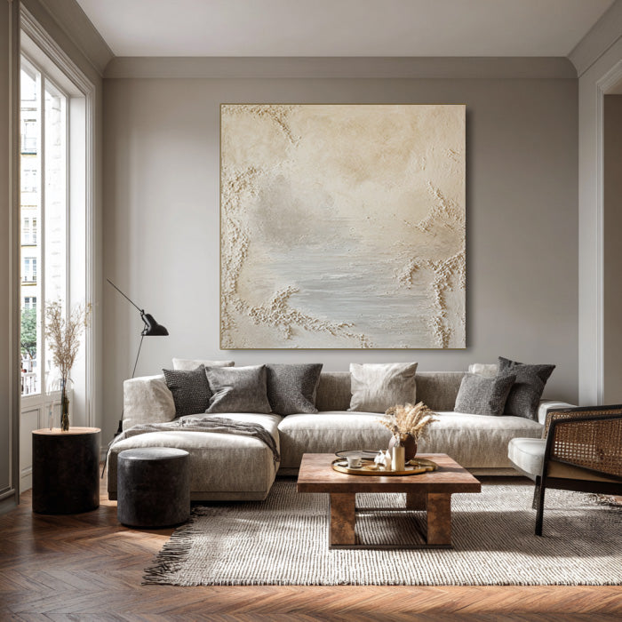 Cream and Caramel framed cream canvas print styled in a minimalist room