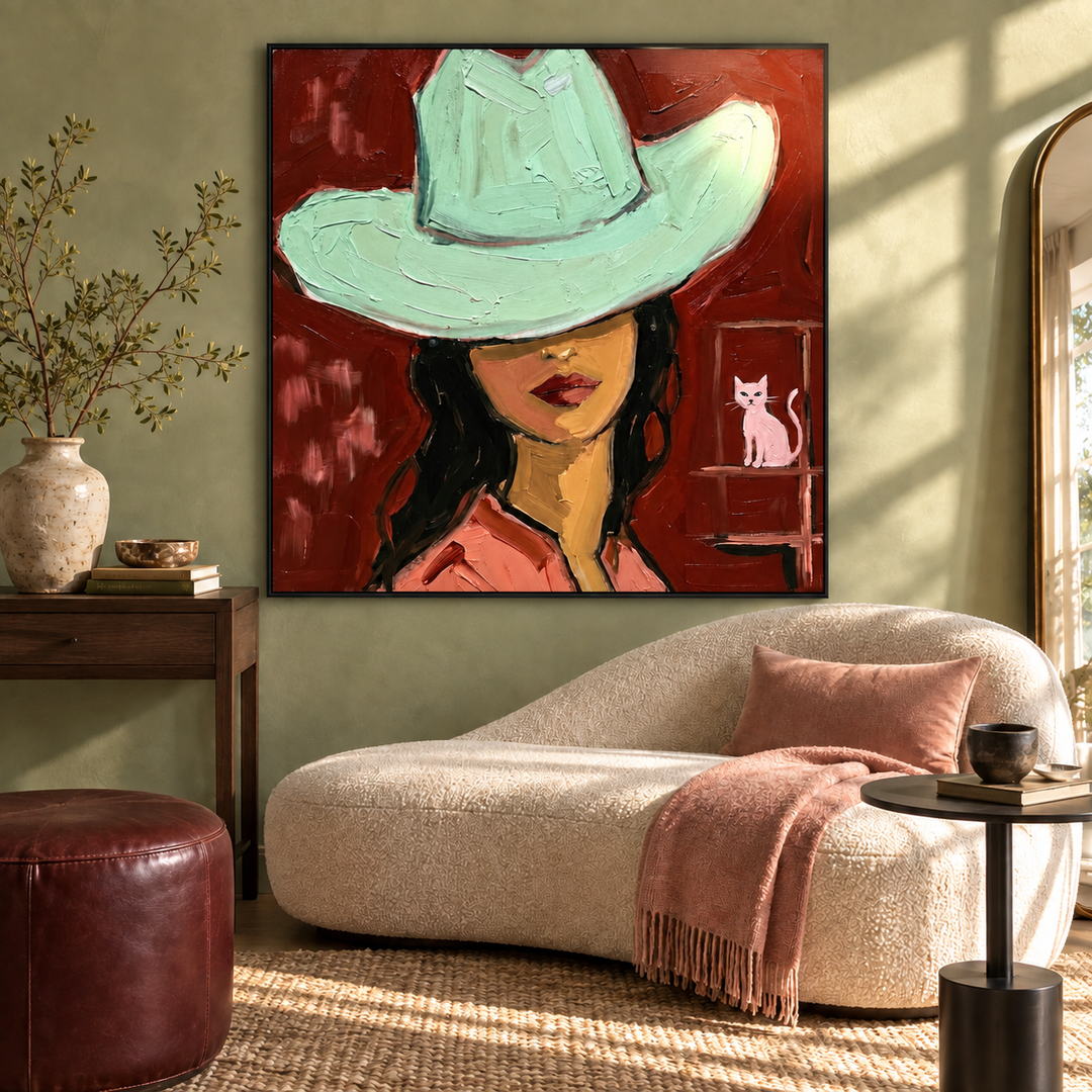 graphic Western cowgirl portrait wall art in crimson red and mint green in a coordinated modern interior