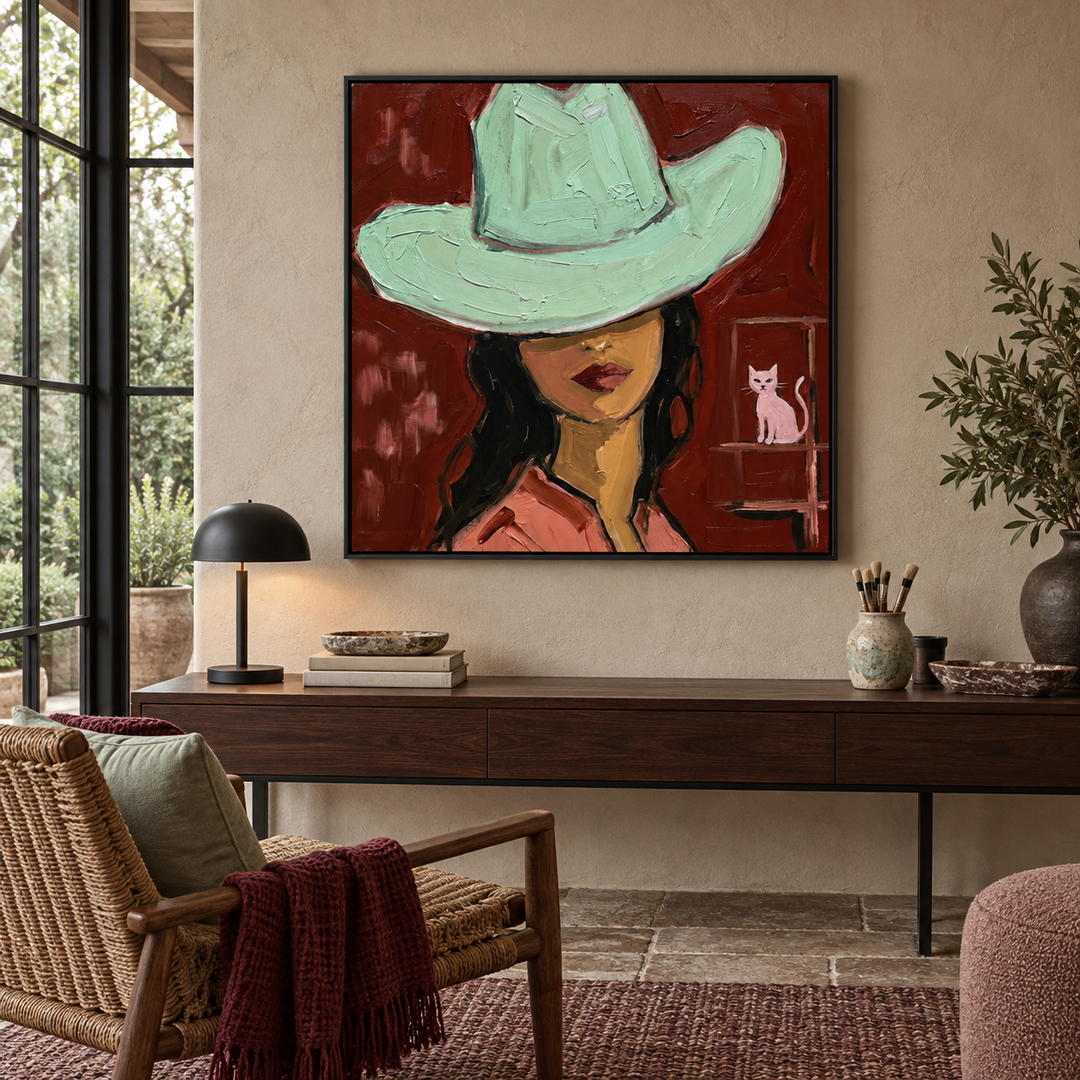 graphic Western cowgirl portrait wall art in crimson red and mint green in a coordinated modern interior