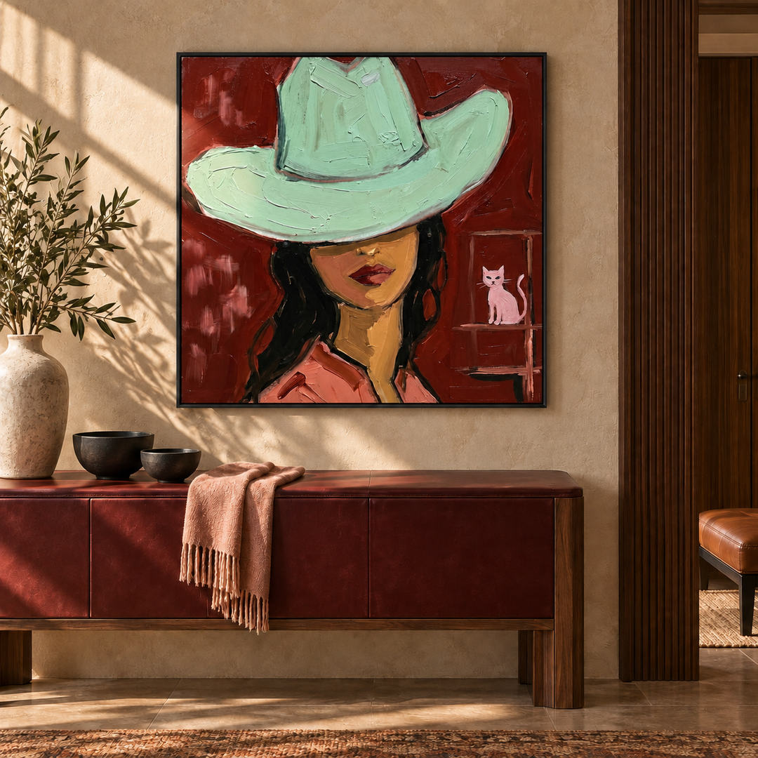 graphic Western cowgirl portrait wall art in crimson red and mint green in a coordinated modern interior
