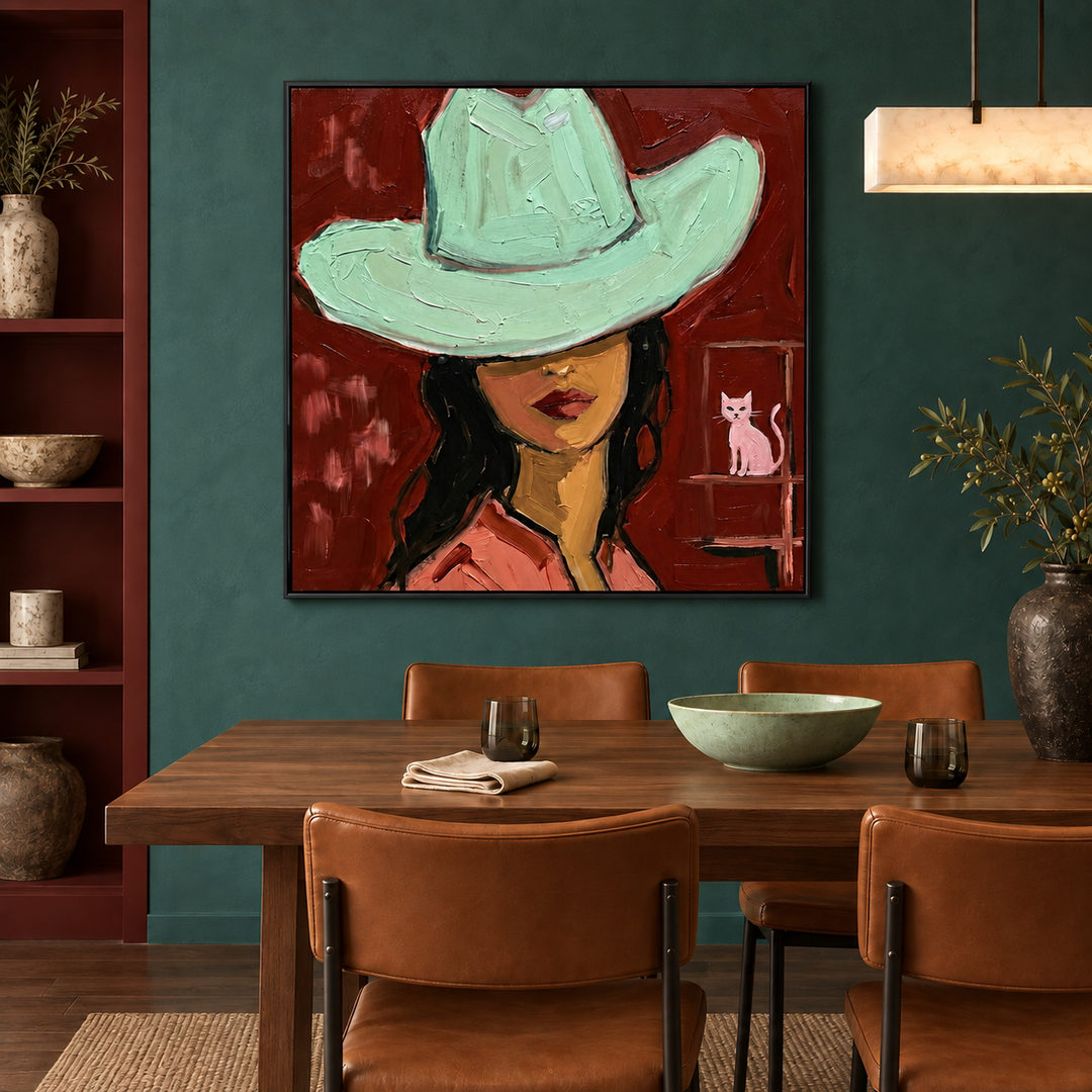 graphic Western cowgirl portrait wall art in crimson red and mint green displayed in a styled living room