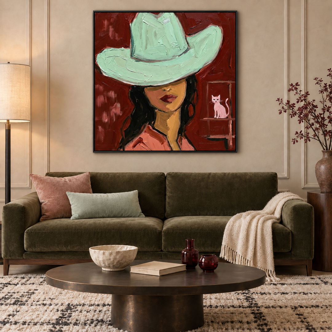 graphic Western cowgirl portrait wall art in crimson red and mint green in a coordinated modern interior