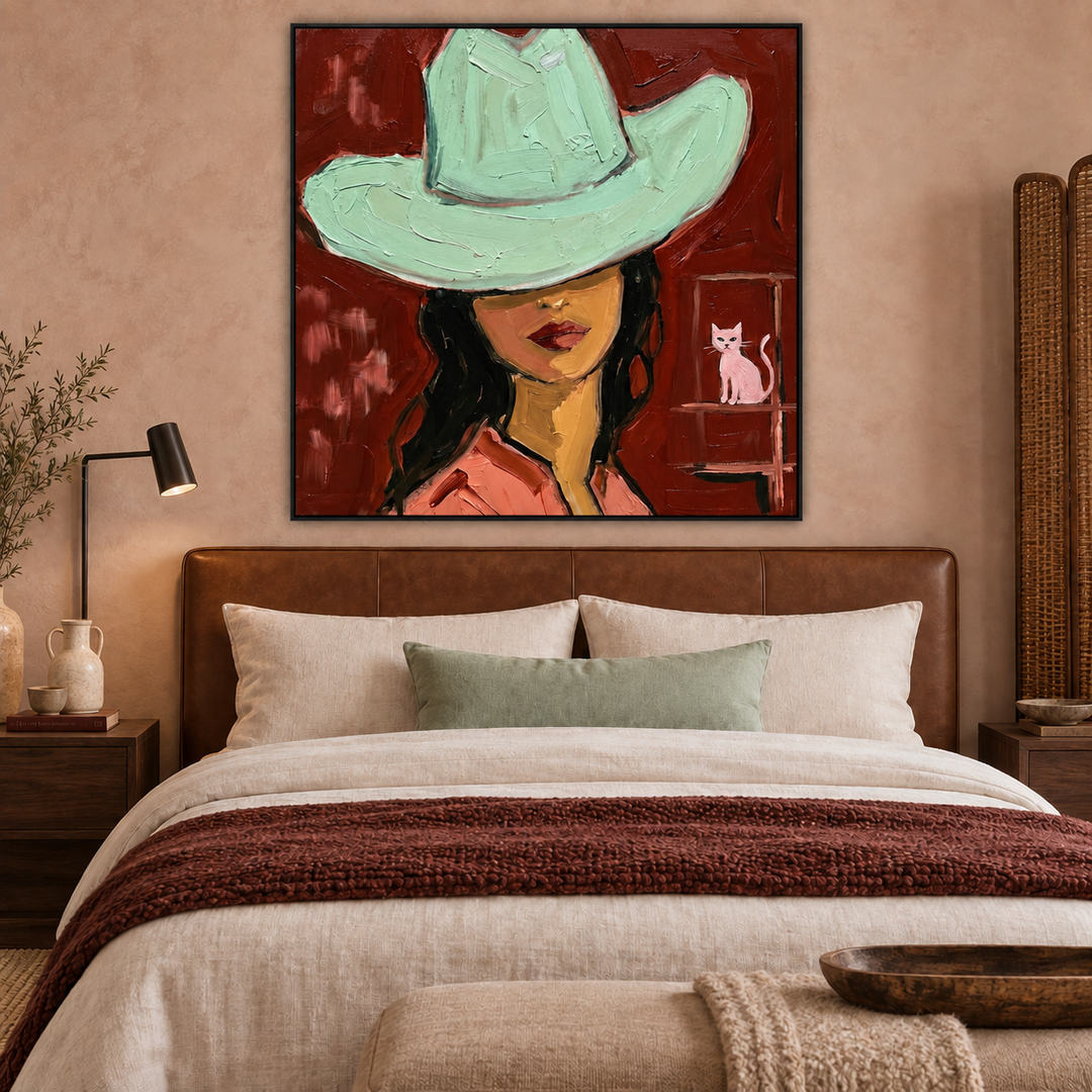 graphic Western cowgirl portrait wall art in crimson red and mint green in a coordinated modern interior
