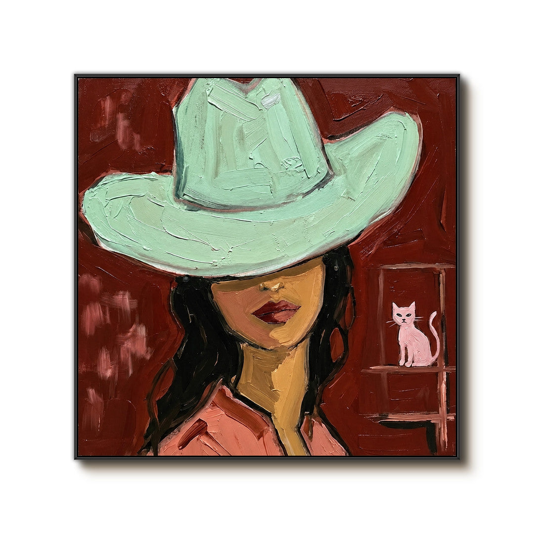graphic Western cowgirl portrait wall art in crimson red and mint green on a clean white background