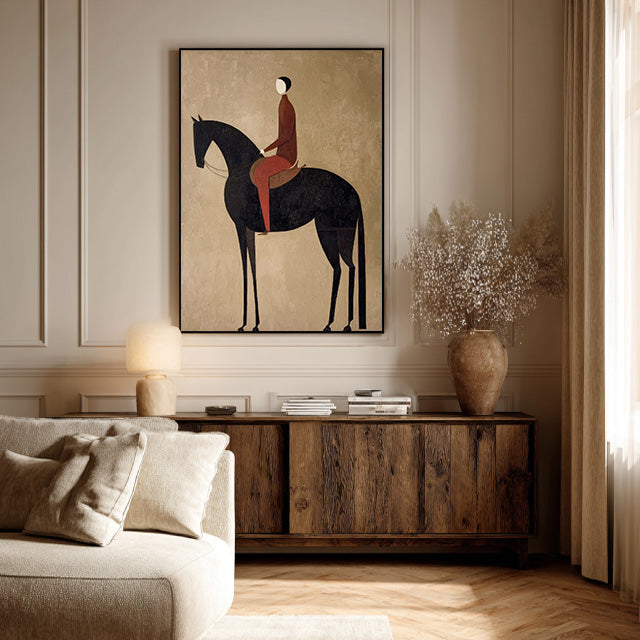minimalist black horse rider wall art in a coordinated modern interior