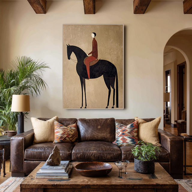 minimalist black horse rider wall art in a coordinated modern interior