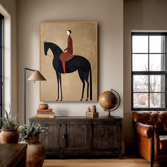 minimalist black horse rider wall art in a coordinated modern interior