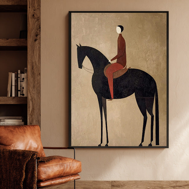 minimalist black horse rider wall art displayed in a styled living room