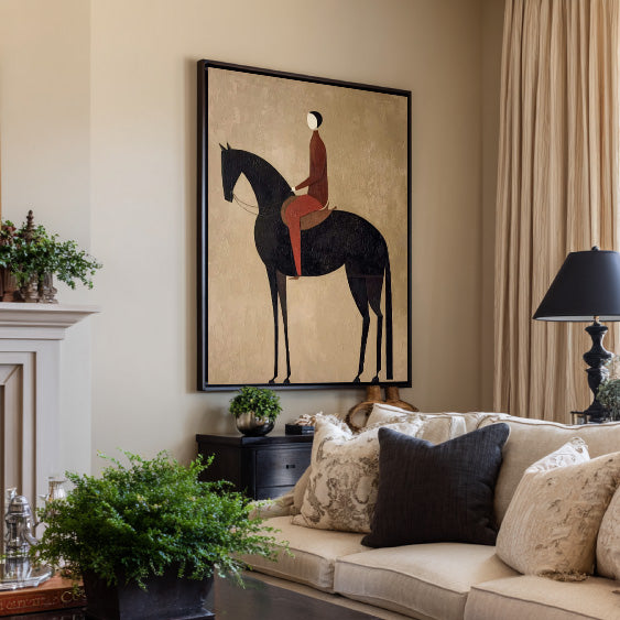 minimalist black horse rider wall art in a coordinated modern interior