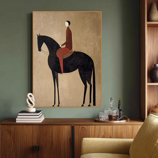 minimalist black horse rider wall art in a coordinated modern interior