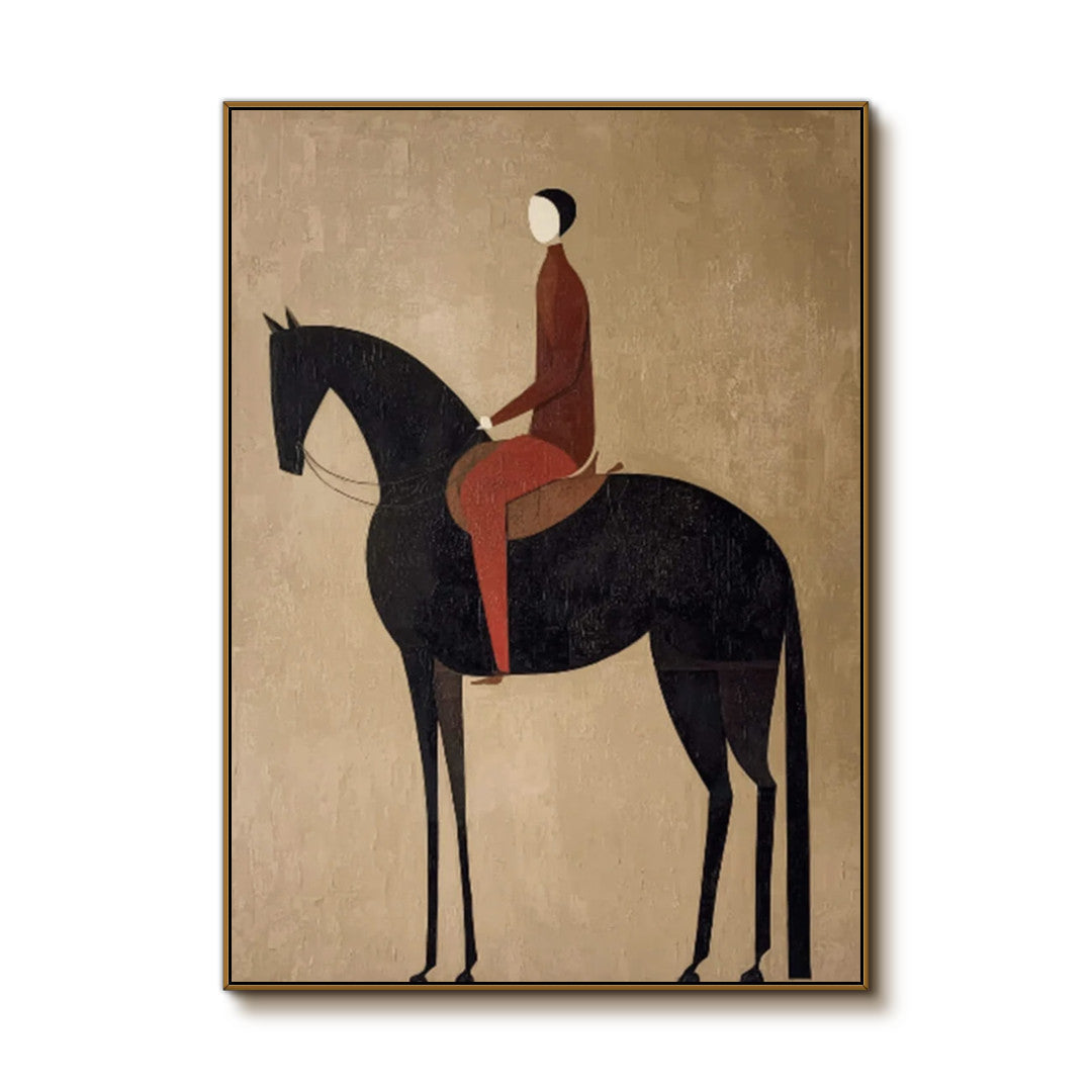 minimalist black horse rider wall art on a clean white background
