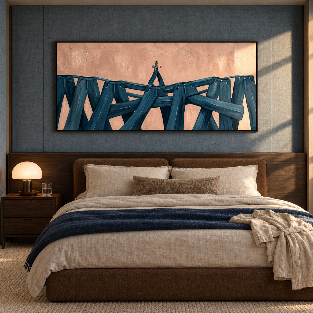 surreal figurative panoramic wall art in deep blue and blush pink in a coordinated modern interior