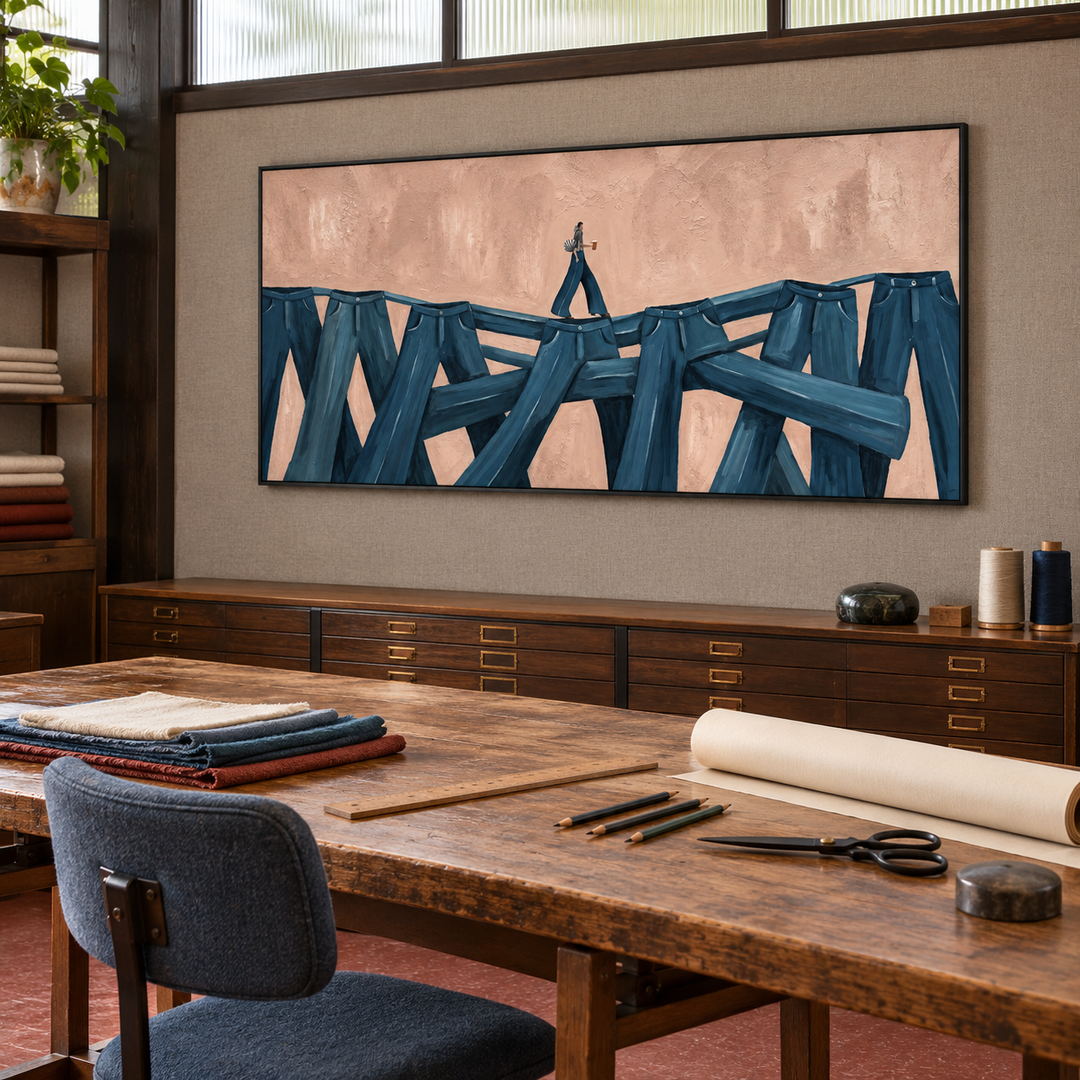 surreal figurative panoramic wall art in deep blue and blush pink in a coordinated modern interior