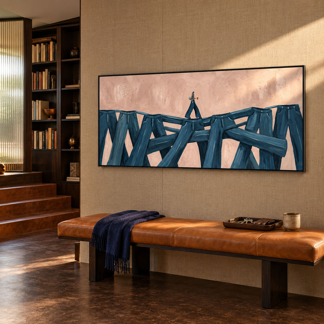 surreal figurative panoramic wall art in deep blue and blush pink in a coordinated modern interior
