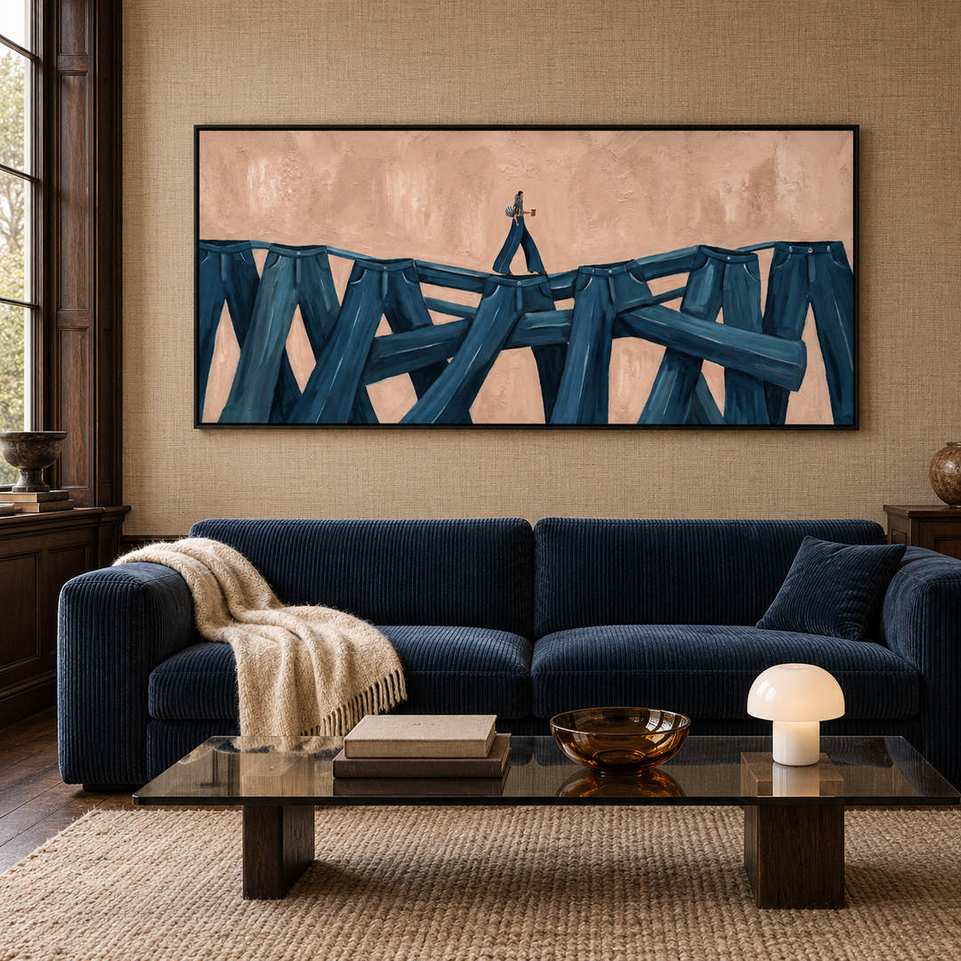 surreal figurative panoramic wall art in deep blue and blush pink displayed in a styled living room