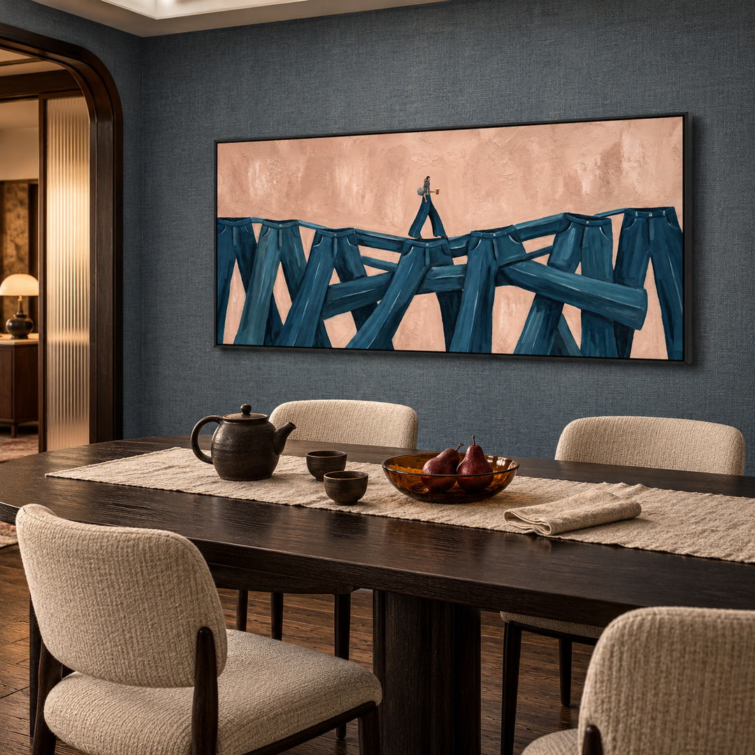 surreal figurative panoramic wall art in deep blue and blush pink in a coordinated modern interior