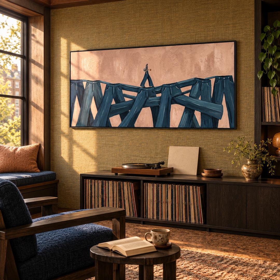 surreal figurative panoramic wall art in deep blue and blush pink in a coordinated modern interior