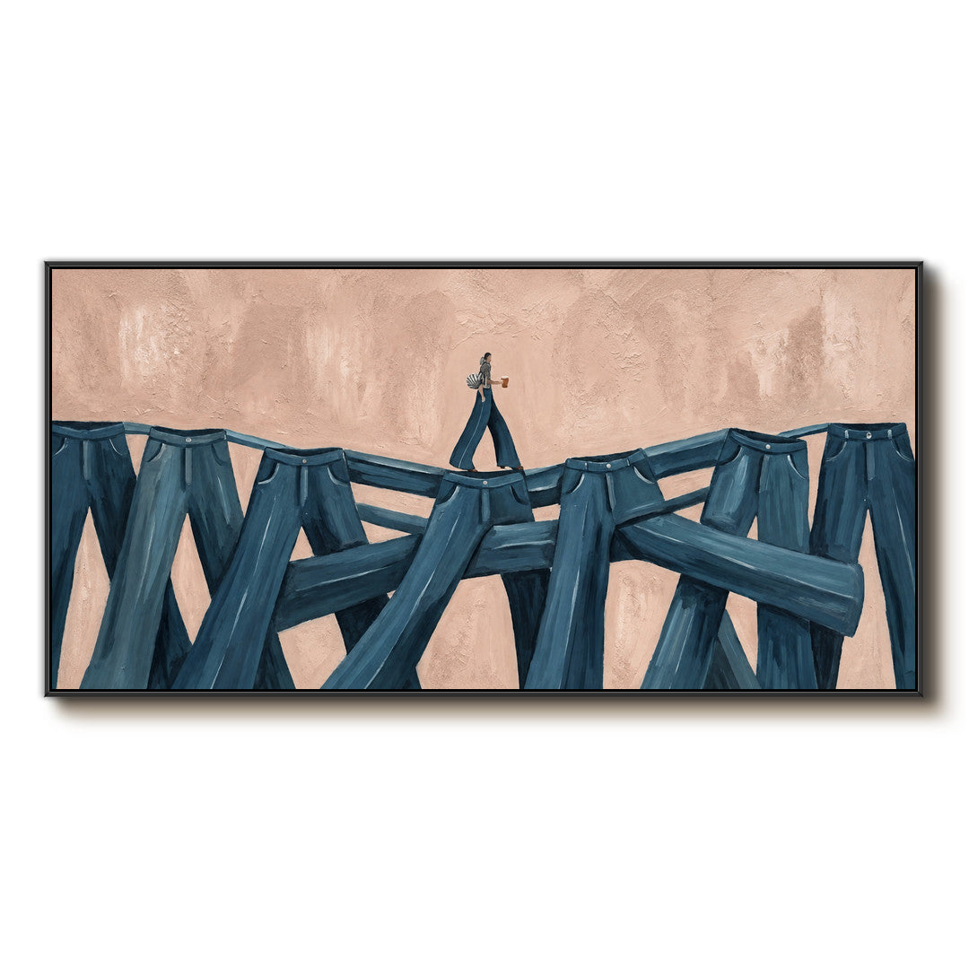 surreal figurative panoramic wall art in deep blue and blush pink on a clean white background