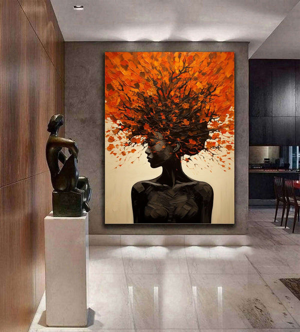 Orange Abstract Portrait with Tree Crown - Modern Vertical Oil Painting - Crowned in Foliage - Hues Art Lab