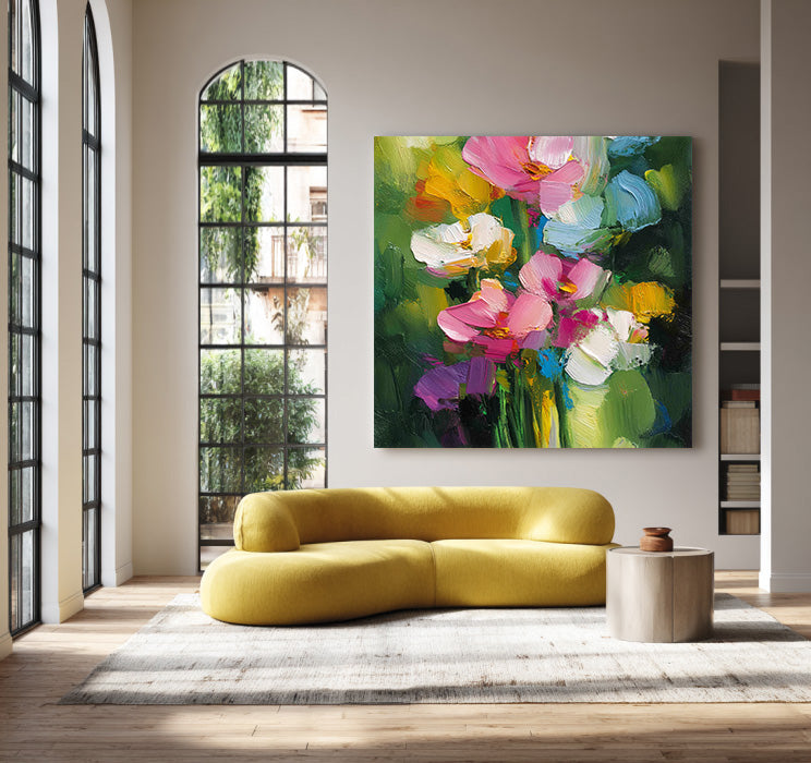 Dance of Flowers and Leaves modern impasto floral wall art by Hues Art Lab