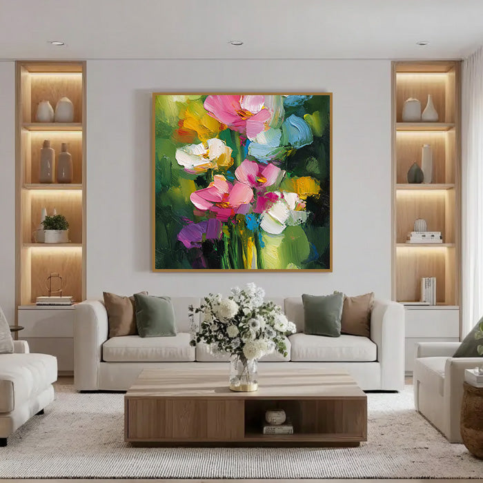 Dance of Flowers and Leaves framed botanical canvas print in a modern room