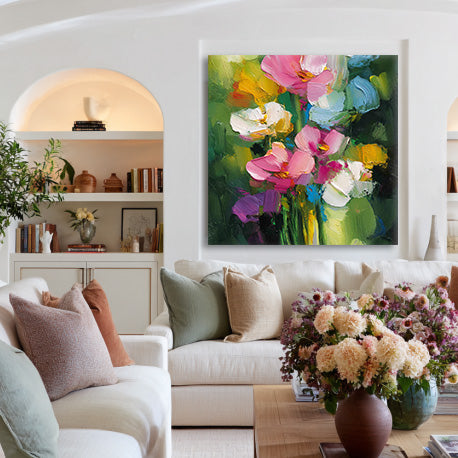 Dance of Flowers and Leaves textured painting with lively botanical rhythm