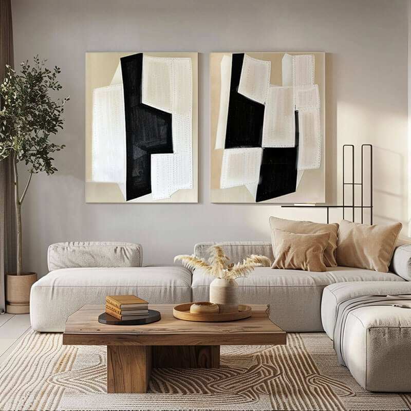 Modern Abstract Wall Art Painting Set of 2 - Deconstructed Grids - Hues Art Lab