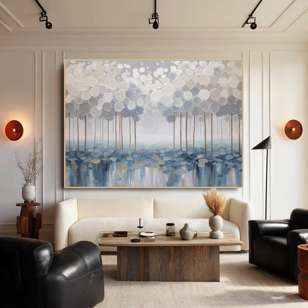 Deep Woods large abstract white forest oil painting by Hues Art Lab