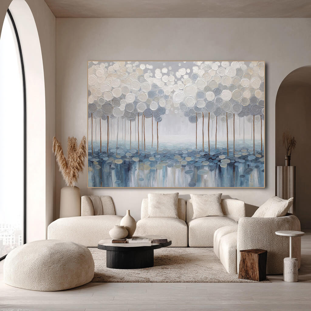 Deep Woods framed canvas print styled in a calm contemporary room