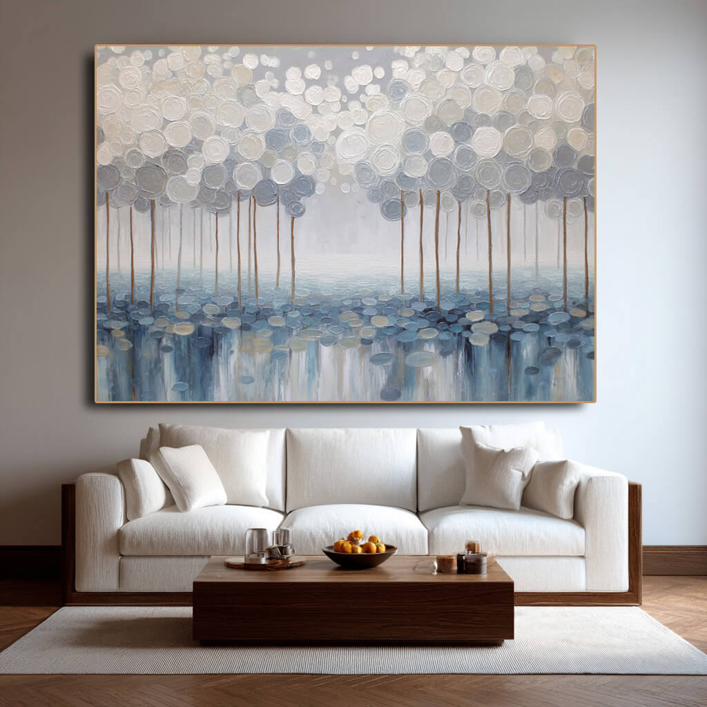 Deep Woods minimalist woodland painting with white tones and soft depth